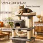Arbre à chat de luxe avec plateformes rembourrées, niche confortable, hamac suspendu et griffoirs en sisal dans un salon.