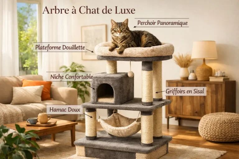 Arbre à chat de luxe avec plateformes rembourrées, niche confortable, hamac suspendu et griffoirs en sisal dans un salon.