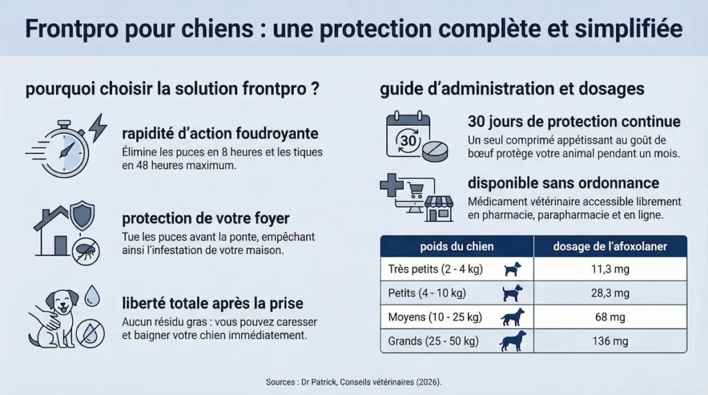 Frontpro chiens résumé protection anti puces tiques avantages et dosage selon poids du chien