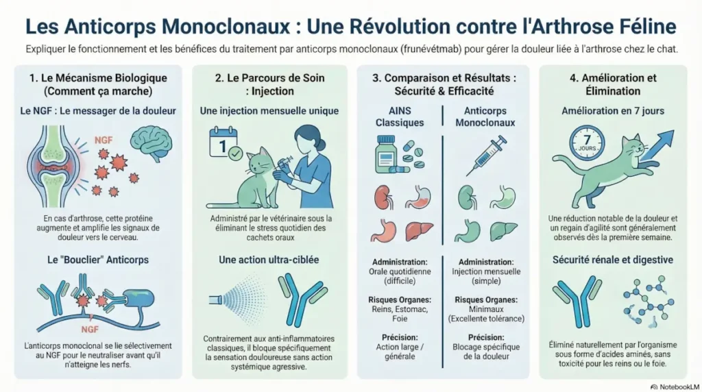 Infographie expliquant le rôle des anticorps monoclonaux chez le chat pour traiter la douleur liée à l’arthrose.