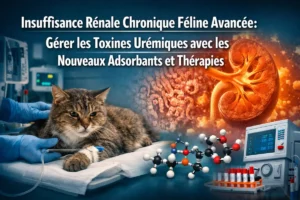 Illustration d’un chat hospitalisé avec perfusion et représentation d’un rein, de molécules et d’équipements médicaux illustrant les toxines urémiques chez le chat lors d’insuffisance rénale chronique féline.