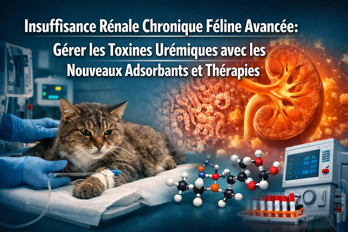 Illustration d’un chat hospitalisé avec perfusion et représentation d’un rein, de molécules et d’équipements médicaux illustrant les toxines urémiques chez le chat lors d’insuffisance rénale chronique féline.