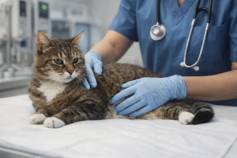 Vétérinaire examinant un chat tigré sur une table de consultation pour le suivi et les traitements de l’insuffisance rénale chronique du chat.