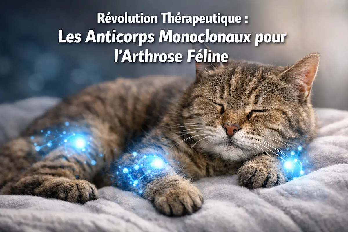 Chat allongé avec illustration d’articulations lumineuses évoquant les anticorps monoclonaux pour l’arthrose féline.