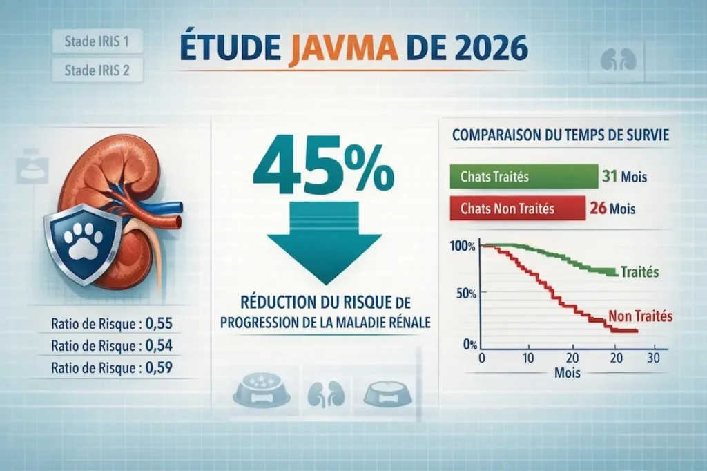 Étude sur régimes rénaux chez le chat montrant une réduction de 45 % du risque de progression de l’IRC
