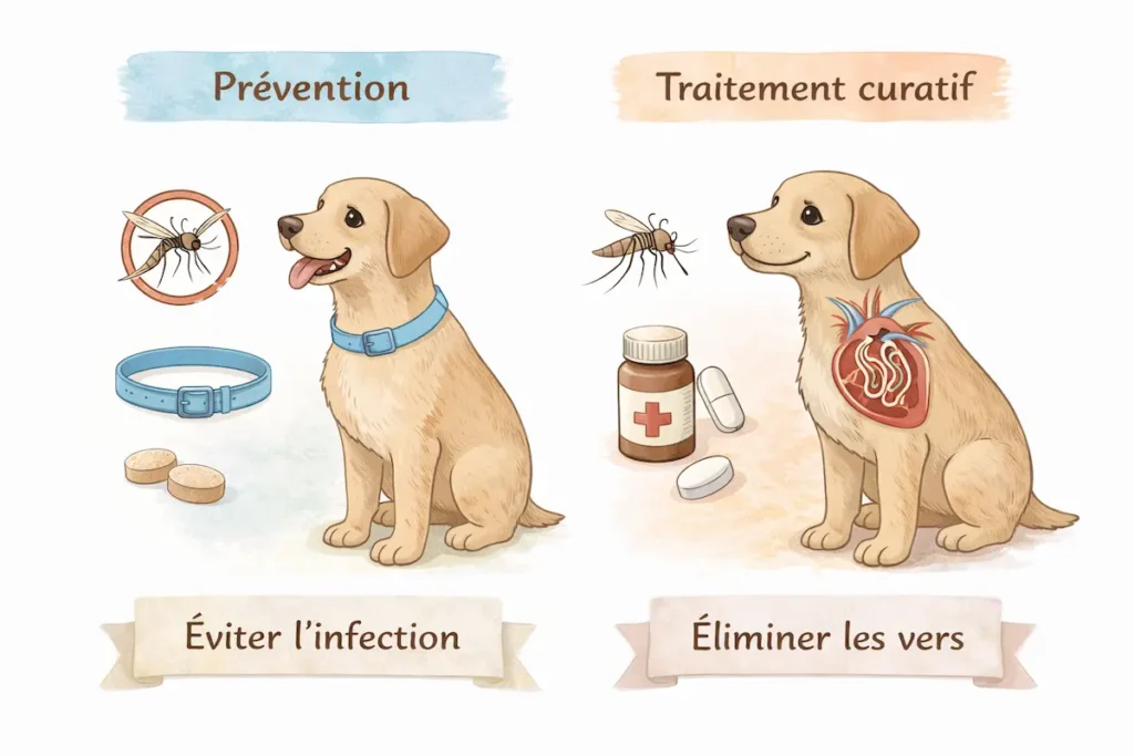 Infographie montrant la prévention de la dirofilariose chez le chien avec protection contre les moustiques et traitement curatif des vers.