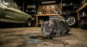 chat reniflant une fuite d’essence sur le sol d’un garage