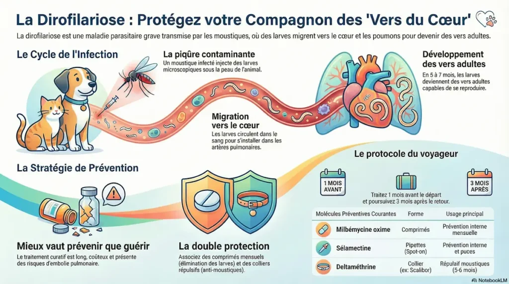Infographie sur la dirofilariose chez le chien montrant le cycle d’infection, la transmission par les moustiques et les mesures de prévention.
