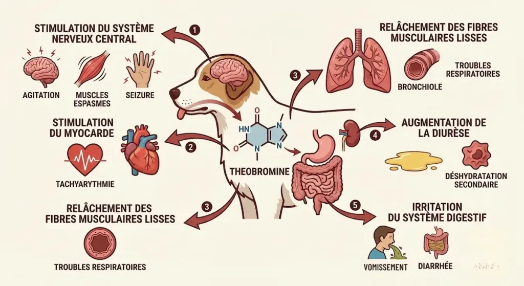 Infographie montrant les symptômes d’intoxication au chocolat chez le chien liés à la théobromine.