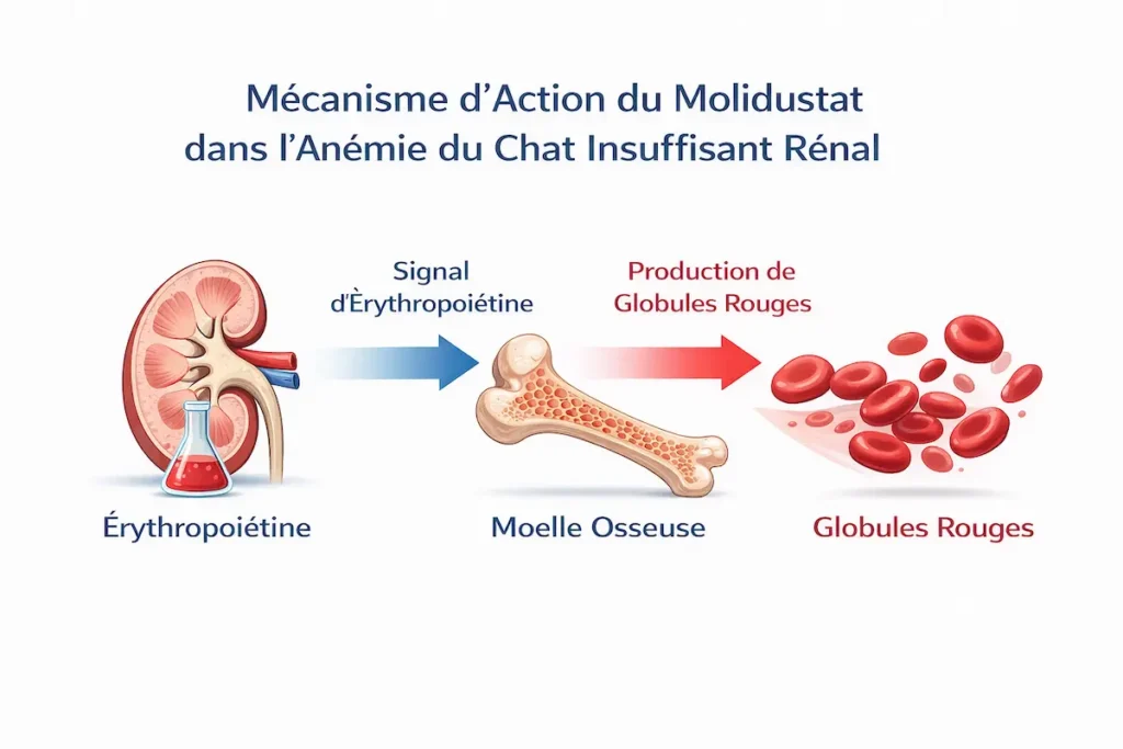 Infographie médicale montrant le mécanisme du molidustat dans le traitement de l’anémie du chat insuffisant rénal chronique avec rein, moelle osseuse et production de globules rouges.