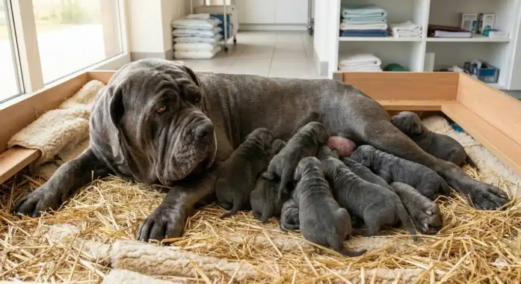Photo d'une chienne Mastiff Néopolitain grise couchée dans sa caisse de mise bas, allaitant une portée exceptionnellement nombreuse de chiots gris.