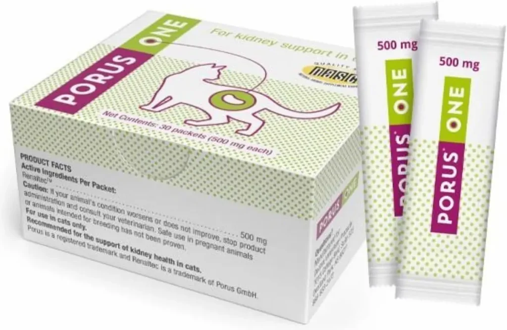 Boîte et sachets de Porus One, adsorbant destiné au soutien rénal du chat et à la gestion des toxines urémiques lors d’insuffisance rénale.