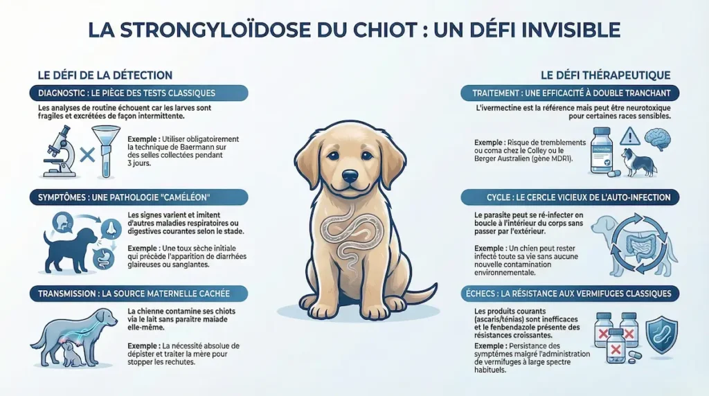 Infographie sur la strongyloïdose du chiot présentant les difficultés de diagnostic, transmission et traitement