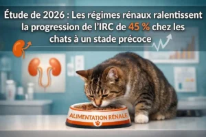 Chat mangeant une alimentation rénale thérapeutique, avec mention d’une réduction de 45 % de la progression de l’IRC