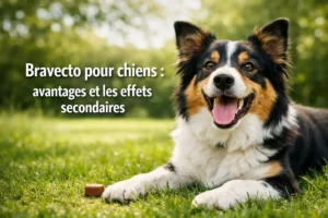 Chien allongé sur l’herbe avec un comprimé, visuel sur Bravecto pour chiens, avantages et effets secondaires
