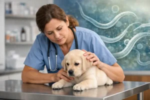 Vétérinaire examinant un chiot en consultation pour suspicion de strongyloïdose chez le chien