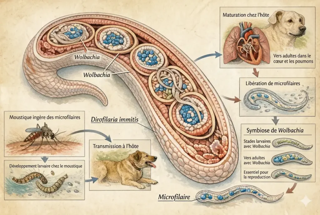 Schéma du cycle de Wolbachia chez Dirofilaria immitis montrant la symbiose bactérienne, la transmission par le moustique et la maturation chez le chien.