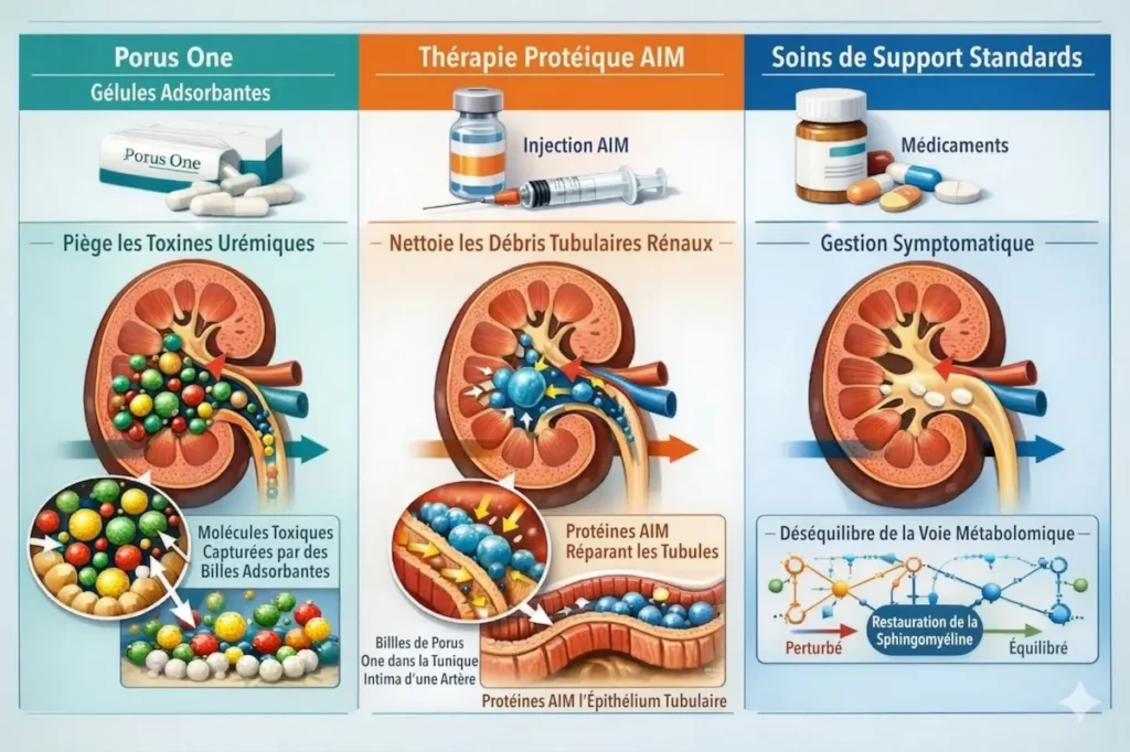 Infographie comparant différentes thérapeutiques contre les toxines urémiques chez le chat : Porus One adsorbant, thérapie protéique AIM et soins de support standards illustrés par des schémas de reins.