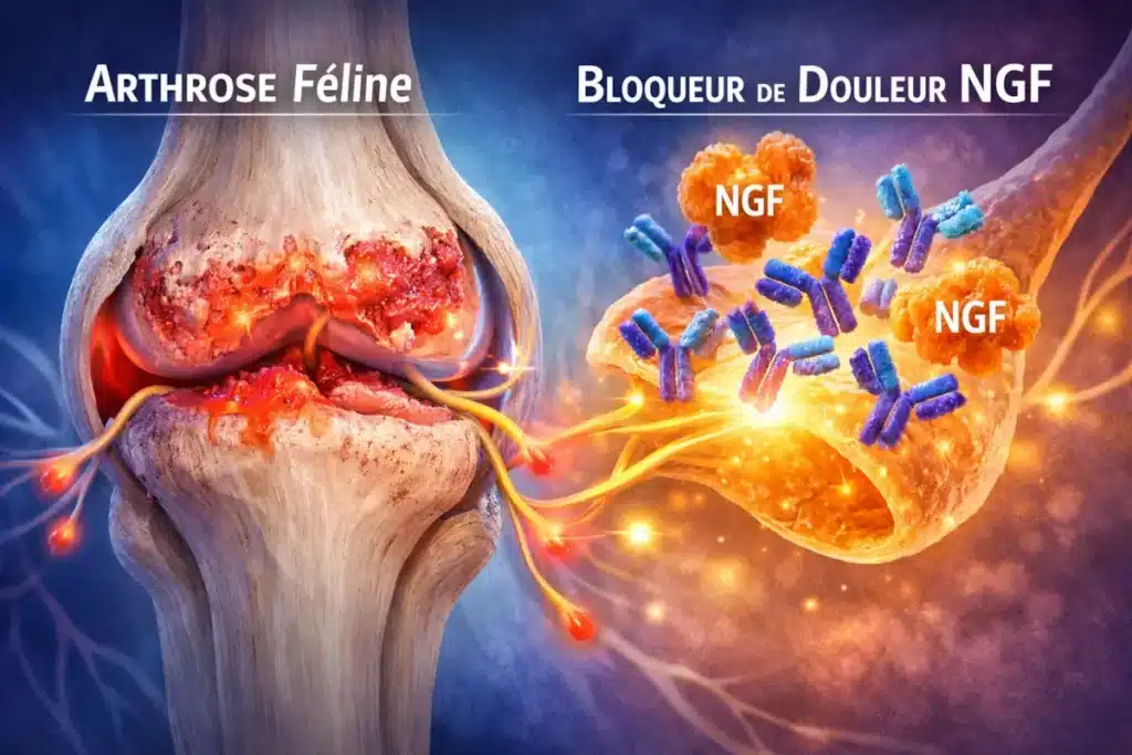 Schéma montrant l’action des anticorps monoclonaux bloquant le NGF dans l’arthrose.du chat