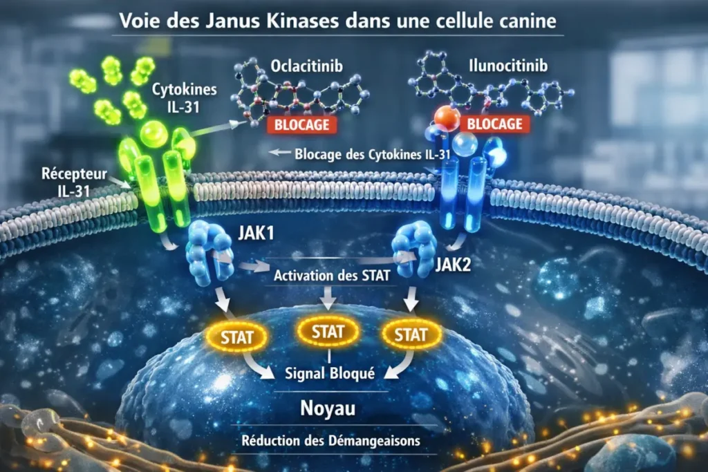 voie des Janus Kinase JAK chien schema signalisation cytokines IL31 blocage oclacitinib