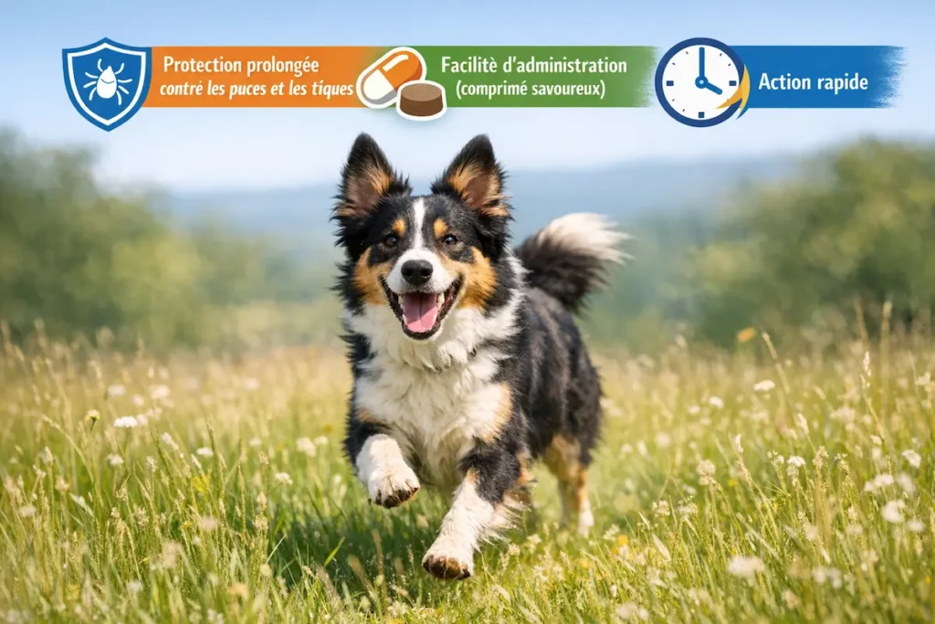 Chien courant dans l’herbe avec visuel sur les avantages Bravecto : protection contre les puces et tiques, administration facile et action rapide