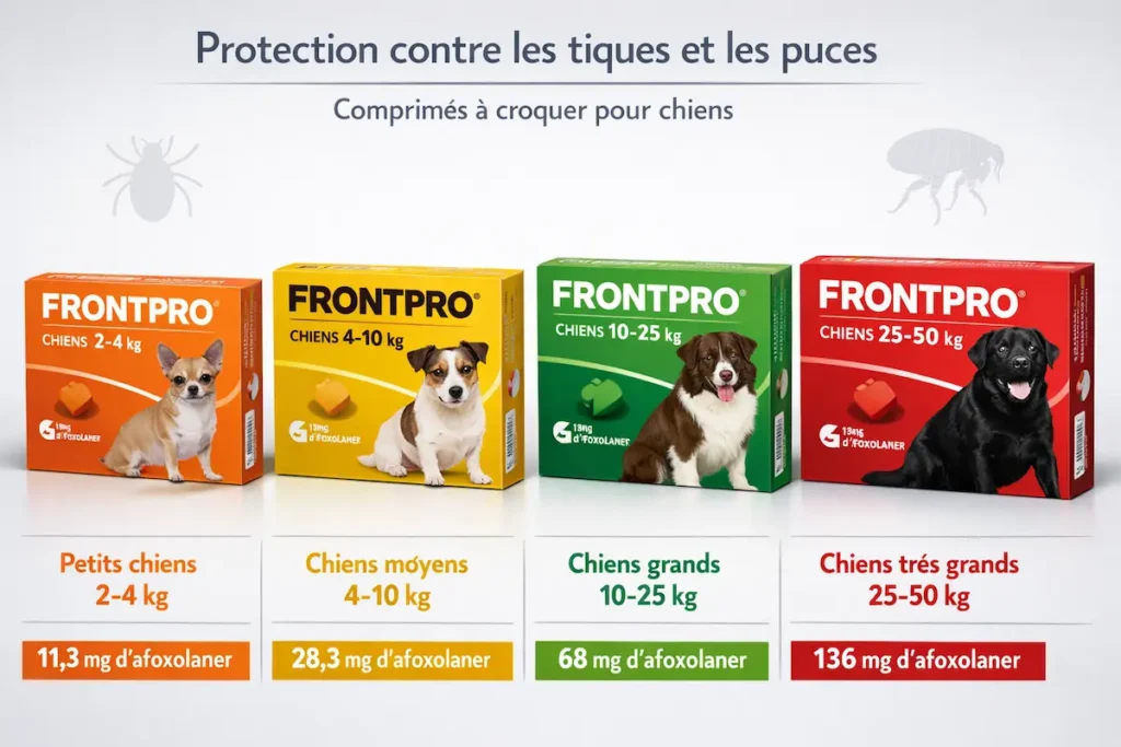 Frontpro chiens comprimés anti-tiques et puces avec dosages selon le poids du chien de 2 à 50 kg