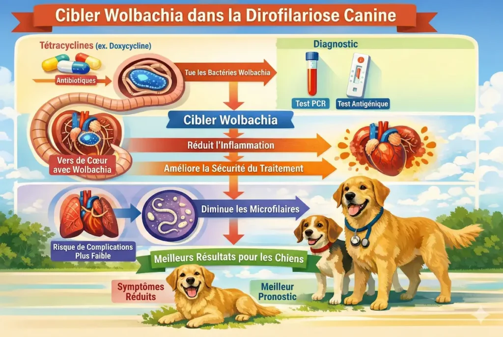 Infographie expliquant comment traiter Wolbachia dans la dirofilariose canine, avec antibiotiques, diagnostic et effets sur les vers du cœur.
