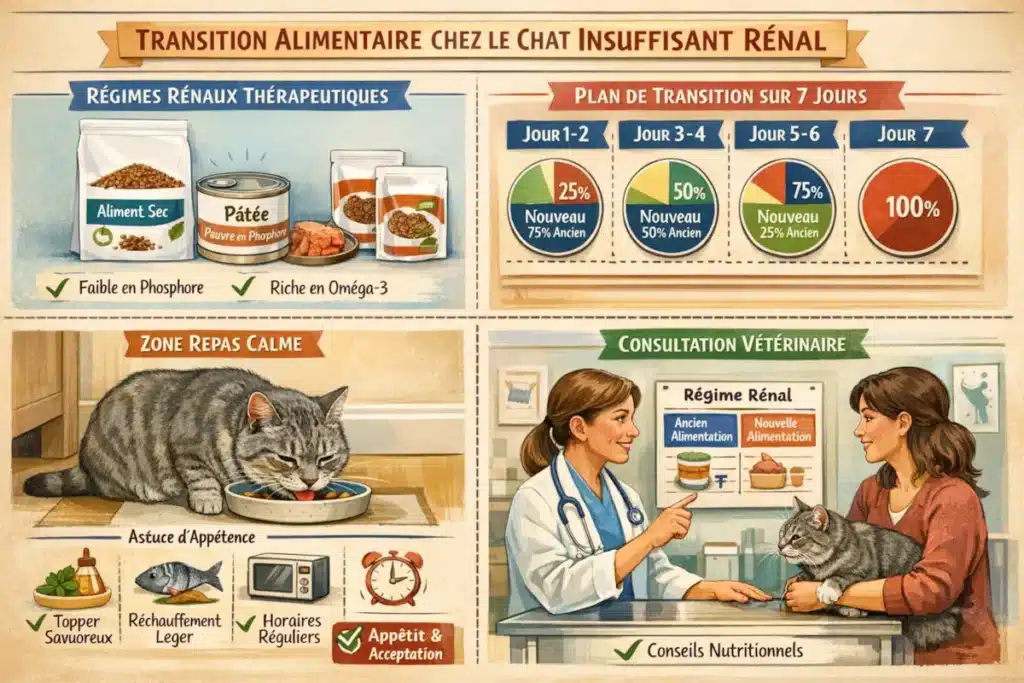 Transition alimentaire régimes rénaux chez le chat avec plan sur 7 jours et conseils vétérinaires