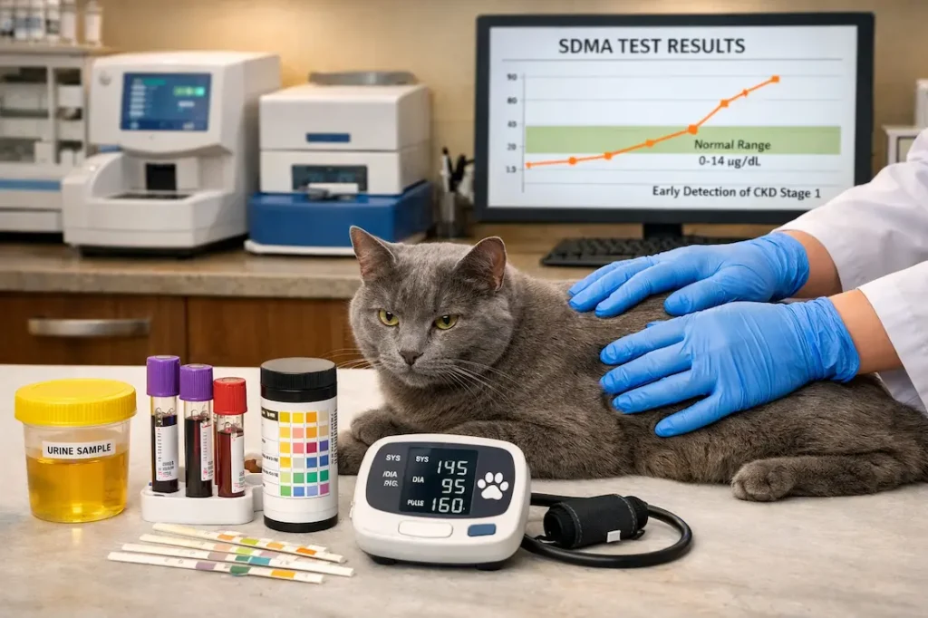 Tests de détection précoce IRC chez le chat avec analyse SDMA, échantillons sanguins et urinaires en clinique vétérinaire.