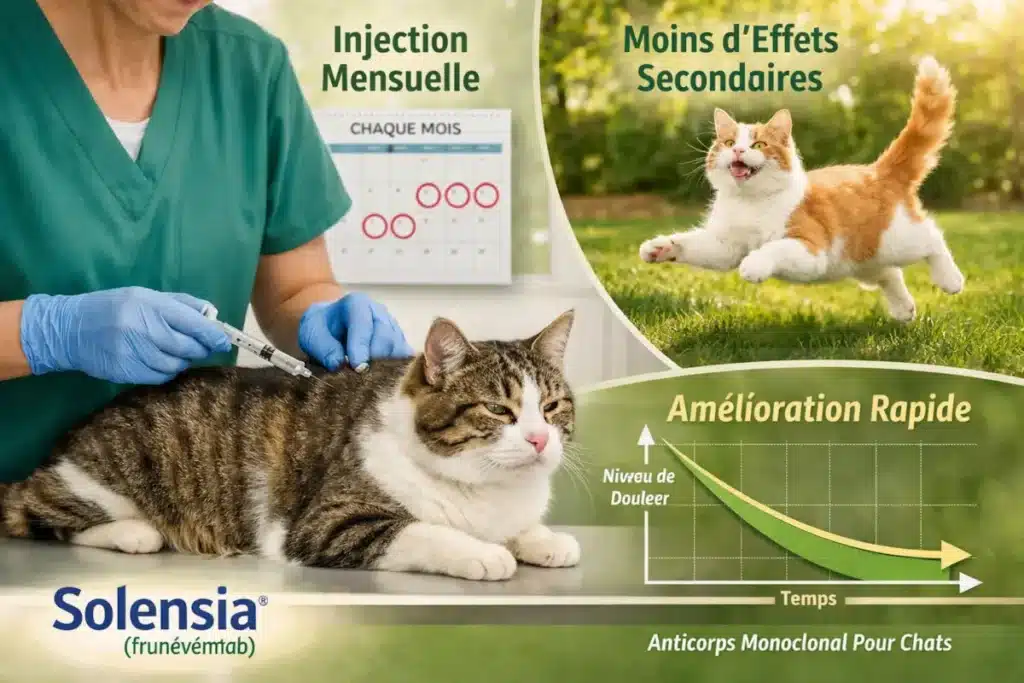 Injection mensuelle de Solensia chez un chat pour l’arthrose avec illustration d’une amélioration rapide et moins d’effets secondaires.