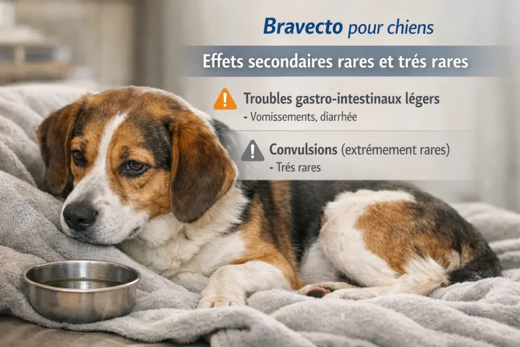 Chien couché avec gamelle et visuel sur les effets secondaires Bravecto chez le chien, rares et très rares