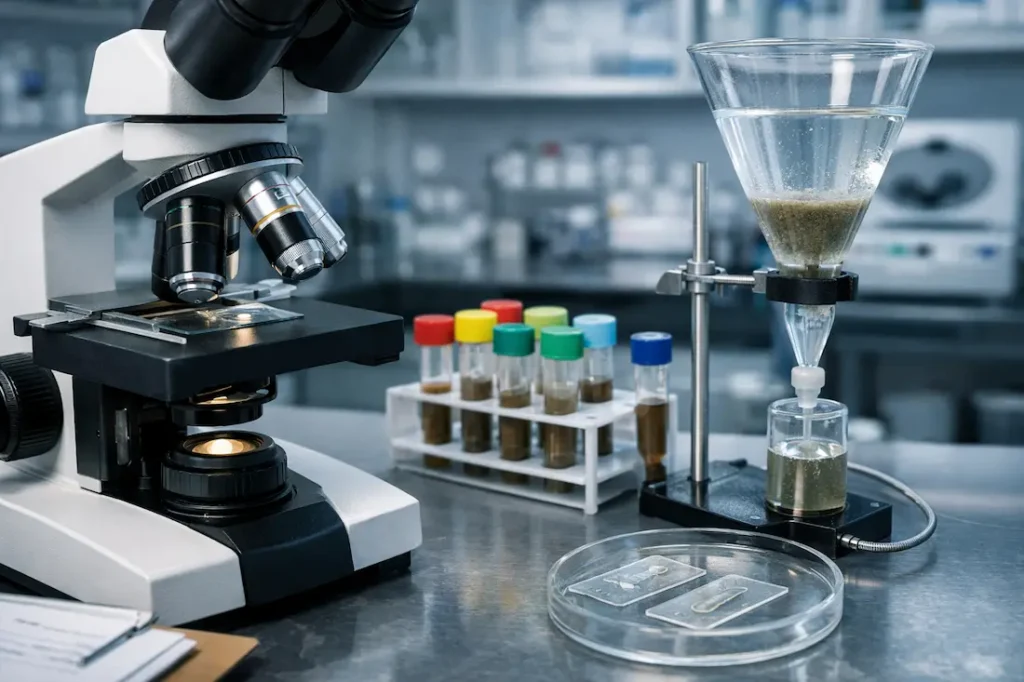 Matériel de laboratoire avec microscope et dispositif de filtration pour méthode de Baermann