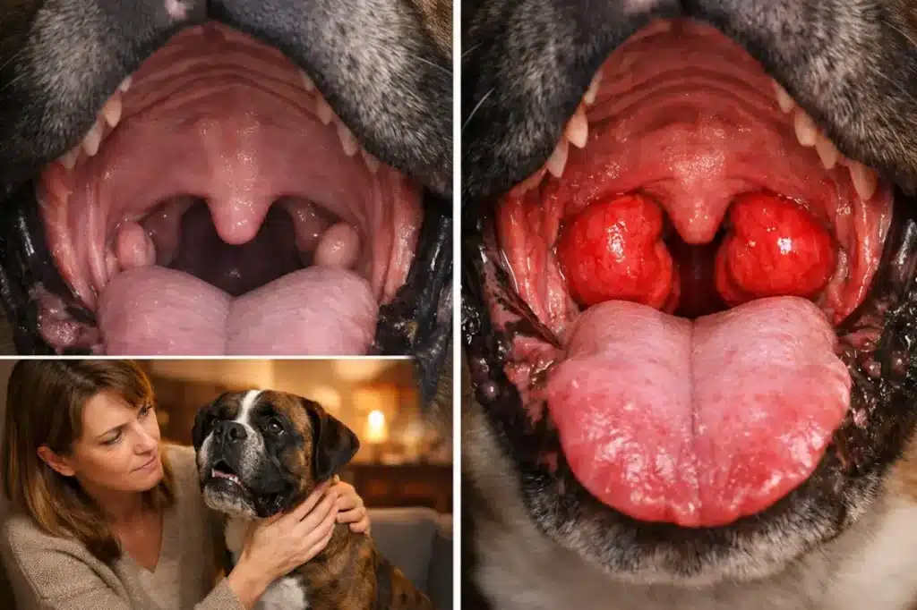 Comparaison de la gorge d’un chien avec amygdales normales et amygdales enflammées rouges et gonflées.