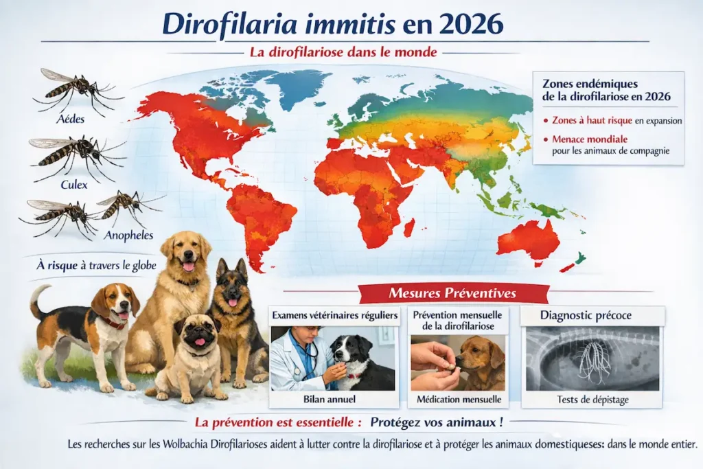 Infographie sur la dirofilariose en 2026 montrant la répartition mondiale, les zones endémiques, les moustiques vecteurs et les mesures de prévention.