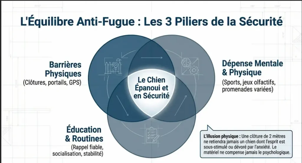 Schéma des 3 piliers anti fugue chez le chien avec éducation, sécurité et stimulation