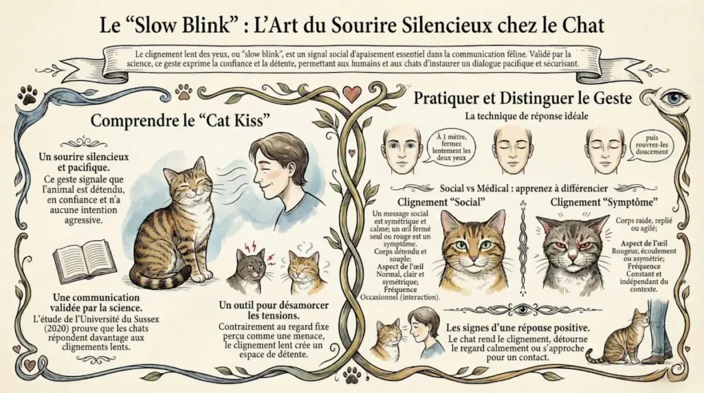 Infographie sur le slow blink du chat expliquant le clignement lent, sa signification et la manière de le reconnaître