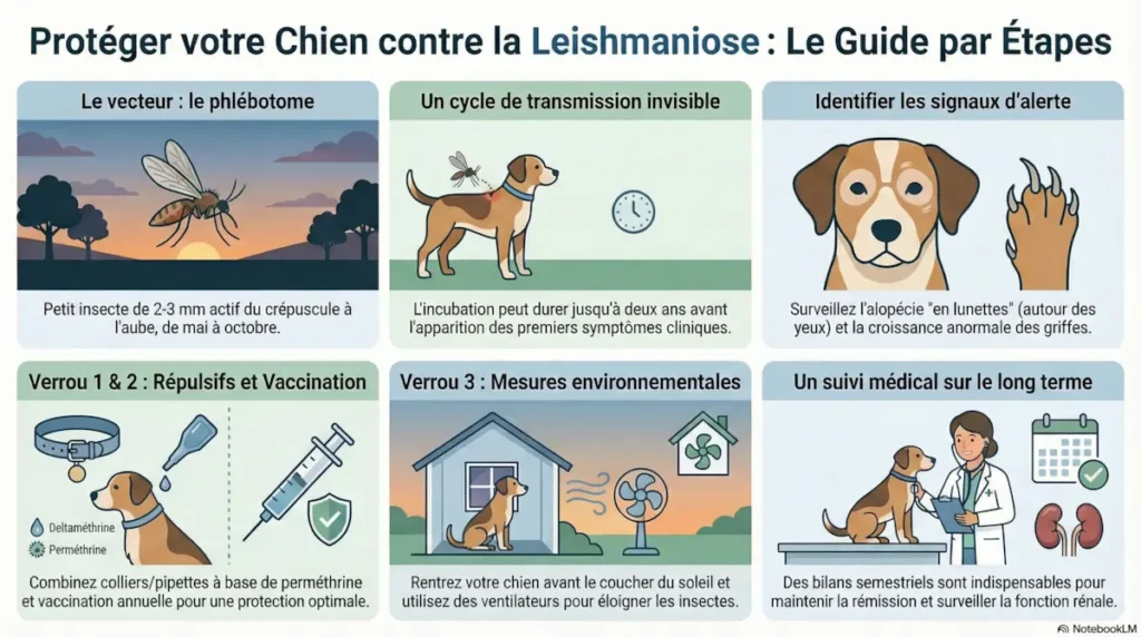 Infographie sur la leishmaniose du chien montrant le phlébotome, le cycle de transmission, les symptômes et les mesures de prévention