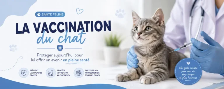 Infographie sur la vaccination du chat montrant un chaton chez le vétérinaire pendant une injection.