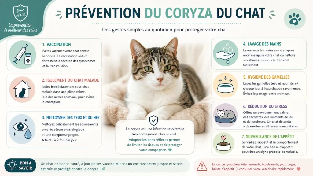 Infographie sur la prévention du coryza du chat avec vaccination, isolement, hygiène et surveillance quotidienne.