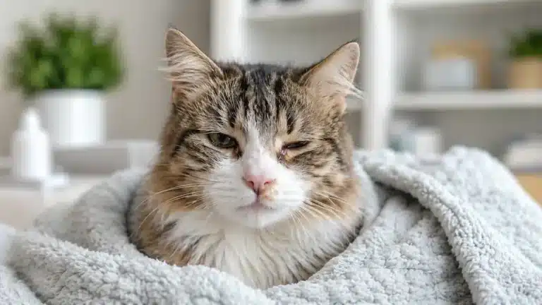 Chat avec un œil mi-clos et un écoulement nasal léger, illustrant le coryza du chat.