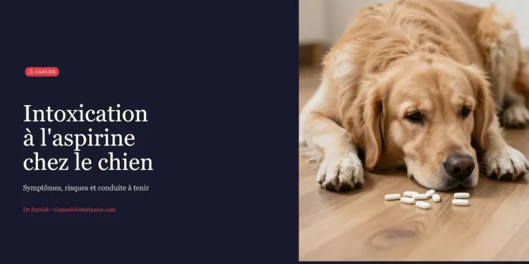Visuel sur l’intoxication à l’aspirine chez le chien avec chien couché près de comprimés au sol.