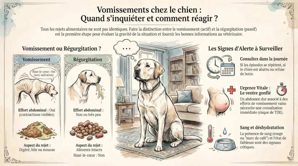 Infographie sur les signes alarmants de vomissement chez le chien, avec distinction entre vomissement, régurgitation et signaux d’alerte.