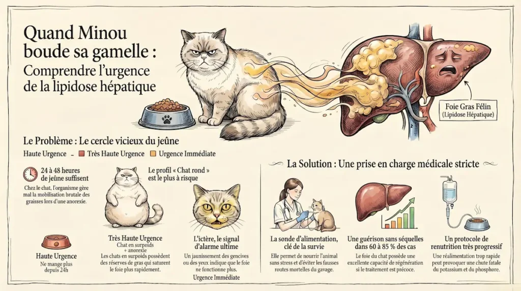 Infographie sur l’urgence de la lipidose hépatique chez le chat, avec signes d’alerte, foie gras félin et prise en charge médicale.