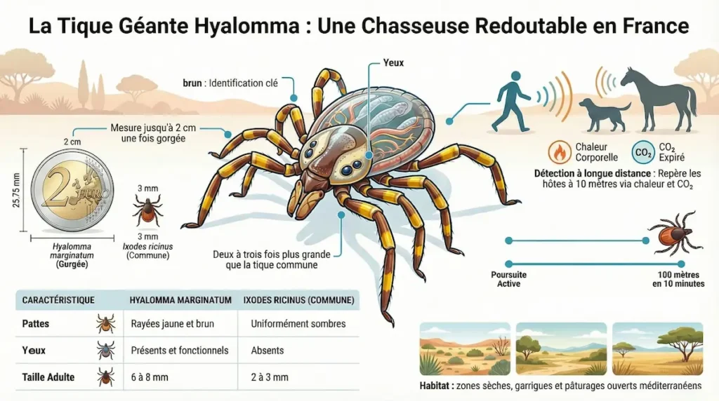 Infographie sur la tique géante Hyalomma marginatum avec caractéristiques et comparaison avec Ixodes