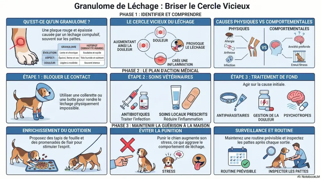 Infographie pour comprendre le granulome de léchage chez le chien avec causes, cercle vicieux et étapes de traitement.