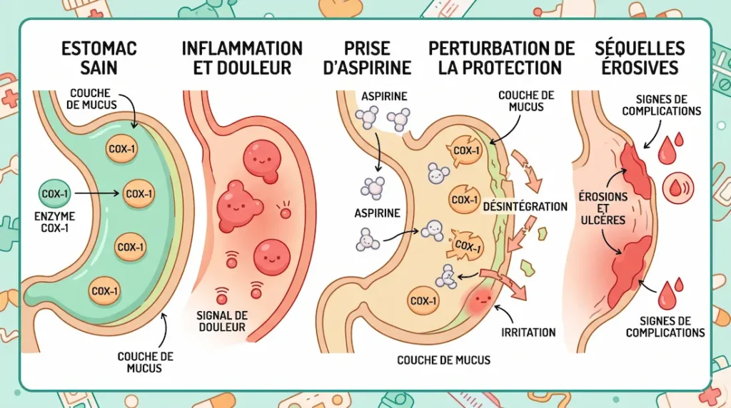 Infographie sur les lésions gastriques liées à l’aspirine, montrant la perturbation de la protection de l’estomac, l’irritation et les ulcères.