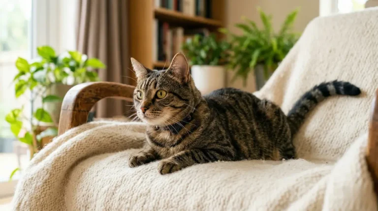 Chatte stérilisée tigrée en chaleur et allongée sur un fauteuil dans un salon lumineux