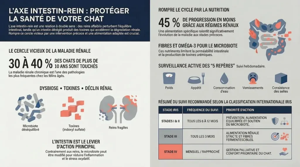 Infographie sur l’axe intestin rein pour protéger la santé du chat et prévenir la maladie rénale
