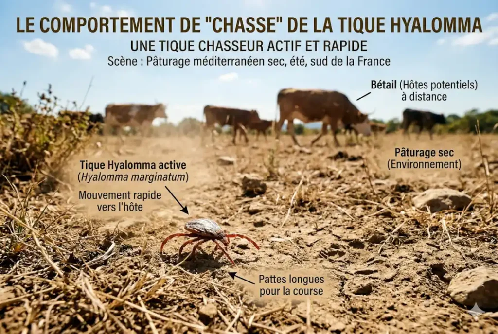 Tique Hyalomma marginatum en déplacement sur sol sec illustrant son comportement de chasse