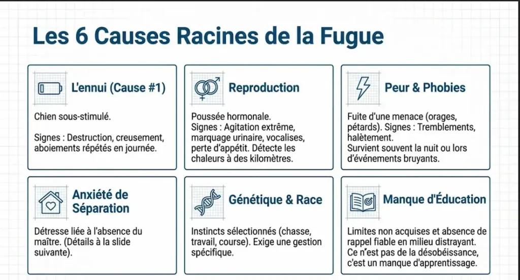 Infographie sur les causes du chien fugueur incluant ennui peur reproduction anxiété et manque d’éducation
